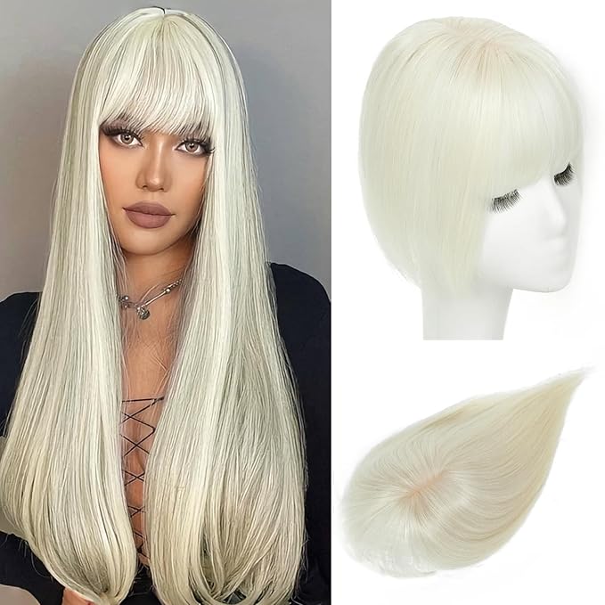 Hair Toppers for Women Real Human Hair, 360°3D Bangs Clip Human Toppers for Women with Thinning hair Realistic Scalp Line (60#, 3D French Bangs(11 * 7))