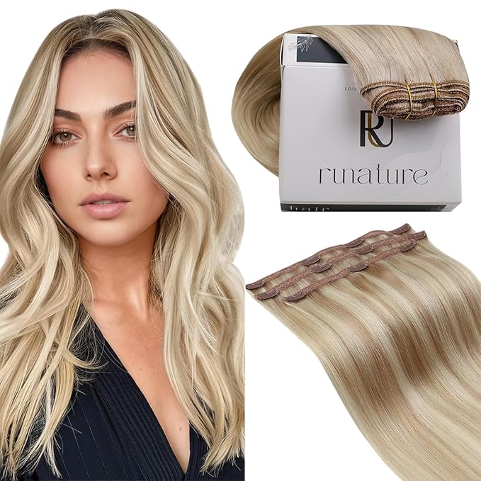 RUNATURE Clip in Hair Extensions, Human Hair Clip in Extensions, Blonde Hair Extensions Clip ins, Full ends, 16 Inch 50g 3pcs #18P60 Ash Blonde Highlight Platinum Blonde