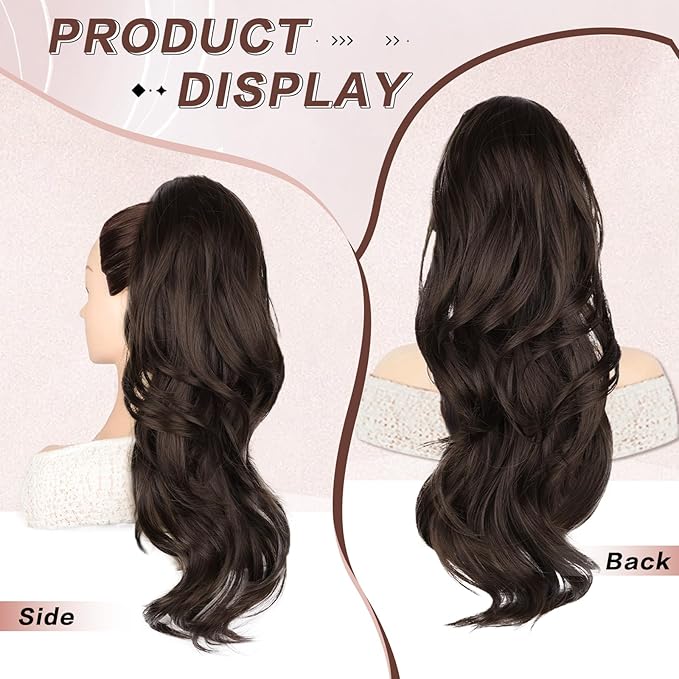 Ponytail Extension, Drawstring Ponytail Extension for Women 20 Inch Long Wavy Brown Pony Tails Hair Extensions Synthetic Clip in Ponytail Hairpiece for Women