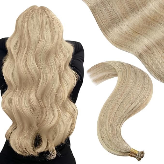 YoungSee I Tip Extensions Blonde Itip Hair Extension Real Human Hair Ash Blonde Highlight Bleach Blond Itip Hair Extension 16 Inch 60s 50g I-Tips Human Hair for Women