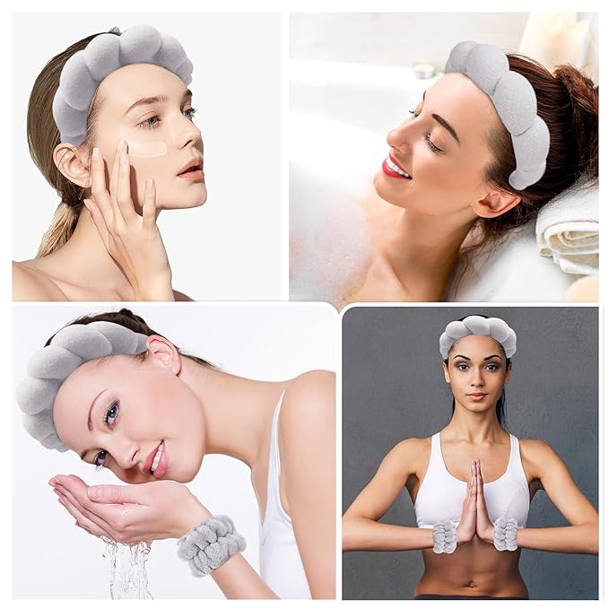 Zkptops Spa Headband for Washing Face Wristband Set Sponge Makeup Skincare Headband Terry Cloth Bubble Soft Get Ready Hairbands for Women Girl Puffy Padded Headwear Non Slip Thick Hair Accessory(Grey)