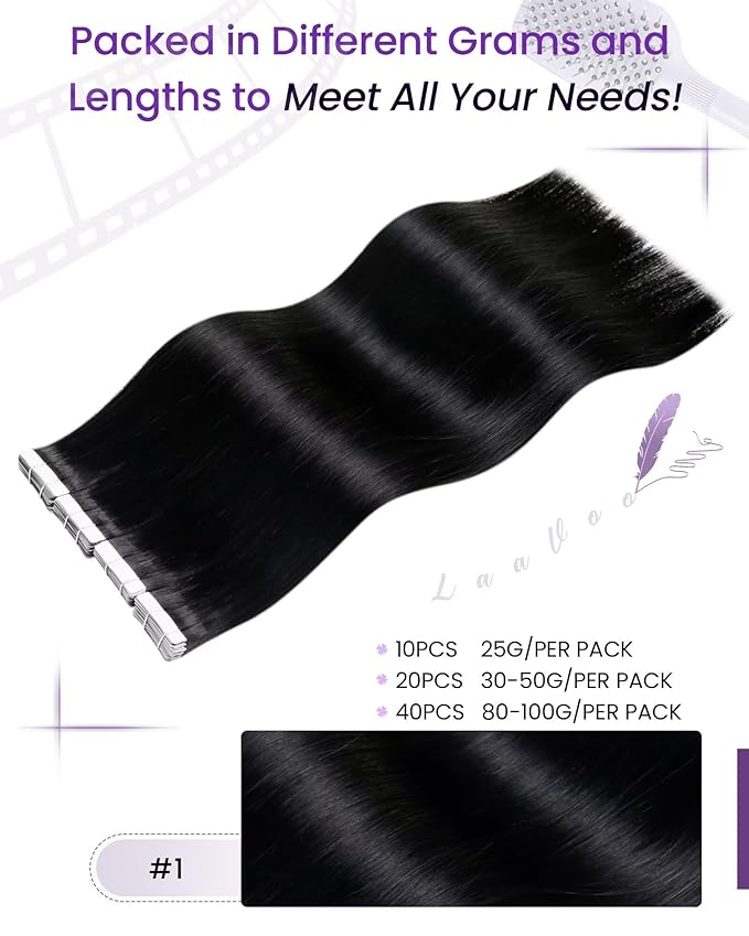 LaaVoo Tape in Hair Extensions Black Tape in Extensions Real Human Hair Invisible Tape ins Human Hair Extensions Soft Hair 12inch 50g 20pcs