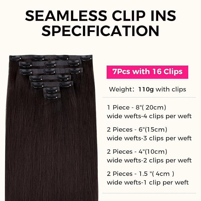 Lashey Seamless Clip in Hair Extensions Human Hair #2 Dark Brown Light Yaki Straight Clip in Extensions Real Human Hair 7pcs 110g 16 Inch PU Weft Natural Hair Extensions for Women