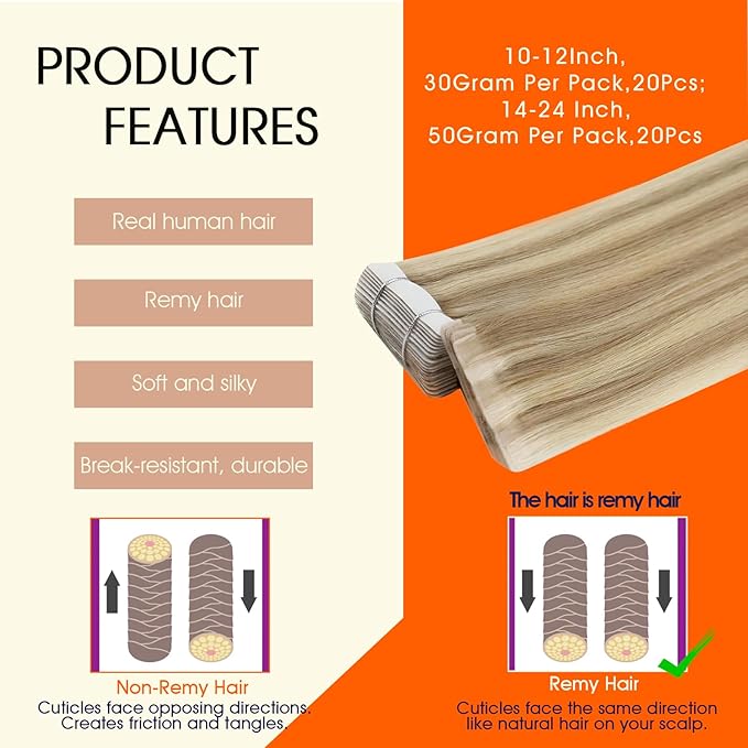 Full Shine Blonde Tape in Hair Extensions Color 16P22 Injected Hair Extensions Tape in 14Inch Seamless Invisible Extension for Fine Thin Hair Cuticles Aligned Short Hair Compatibility 40G 20Pcs