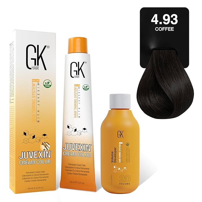 GK HAIR Global Keratin Coffee 4.93 Hair Color Cream Tube (3.4 Fl Oz/100ml) + 20 Volume Developer (5 Fl Oz/150ml) - Professional Permanent Long Lasting Toner Dye