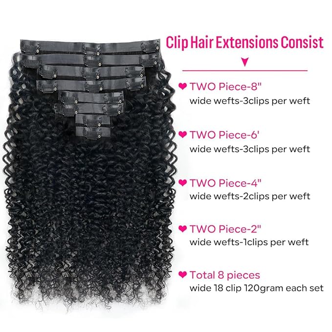 Seamless Curly Clip in Hair Extensions Real Human Hair Brazilian Virgin Human Hair Clip in Extensions 8Pcs Seamless Clip ins for Black Women with 18Clips PU Skin Weft 120g 14inch Natural Black