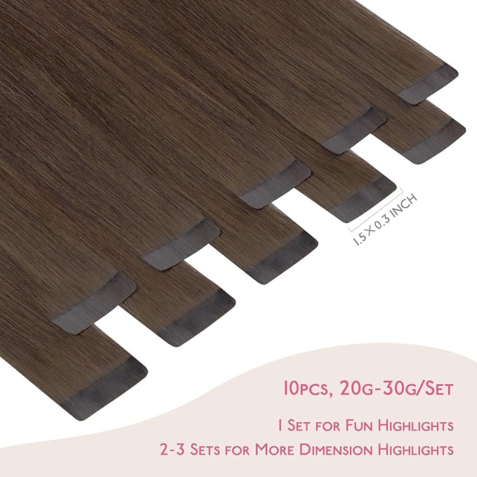 WENNALIFE Tape in Hair Extensions Human Hair Chocolate Brown Tape in Extensions, 10pcs 30g 24 inch Remy Invisible Tape Ins Straight Soft Real Human Hair Tape in Extensions Refill Set Extensions