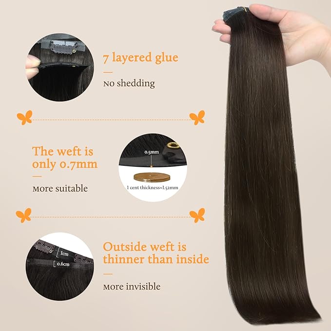 DOORES Invisible Edge Clip in Hair Extensions, Dark Brown 130g 7pcs 18 Inch, Virgin Thick Hair Extensions for Women Silky Straight Weft