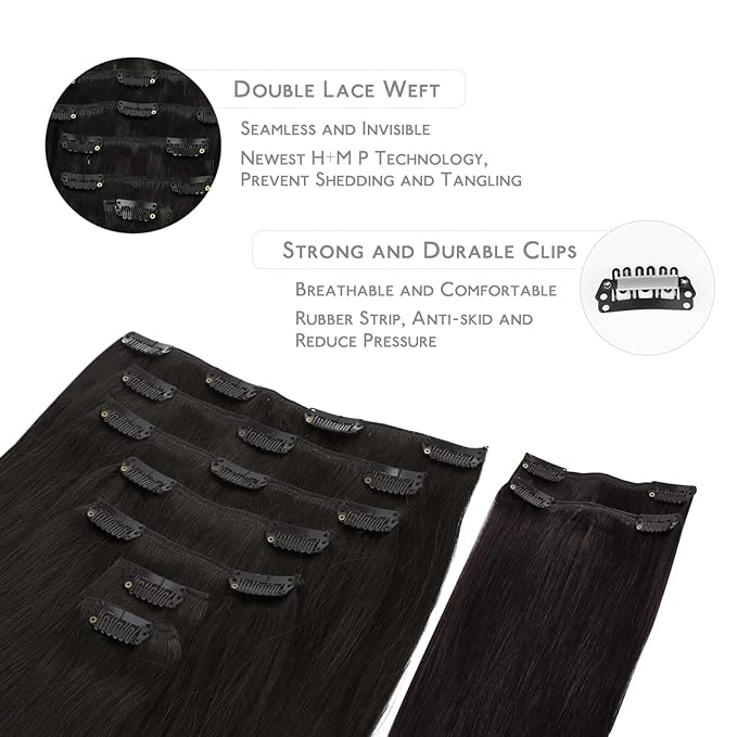 WENNALIFE Clip in Hair Extensions, 150g 22 Inch 9pcs Natural Black Human Hair Extensions Thicker Clip in Hair Extensions Real Human Hair Clip Set Double Weft