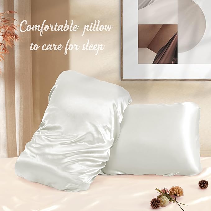 Manyshofu Satin Pillowcases for Hair Protection - 1Pcs White Pillow Cases, Elastic Band Standard & Queen Satin Pillowcases Luxury Silky Pillow Cases Travel Pillow Covers