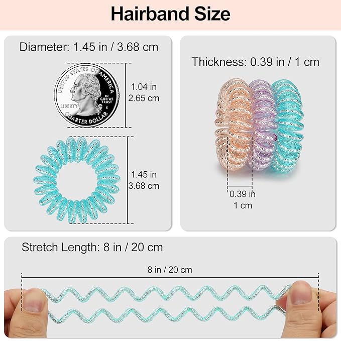 JessLab Spiral Hair Ties, 20 Pcs Traceless Phone Cord Hair Ties No Crease Spiral Bracelet Plastic Coil Ponytail Holders No-Damage Headband Hair Accessory for Girls Women Ladies Gift (Steel Beaded)
