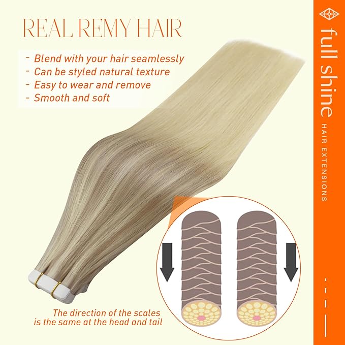Full Shine Seamless Tape in Hair Extensions Nordic Color 18 Fading to 22 and 60 Blonde Human Hair Tape in Extensions Natural Real Hair Extensions Tape ins 20 Inch for Wedding 20Pcs 50Gram
