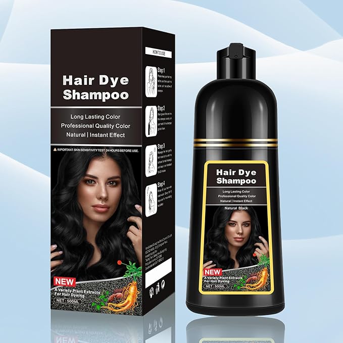 Black Hair Dye Shampoo Instant 3 in 1 for Gray Hair Coverage - Herbal Formula, Semi-Permanent Hair Color in 10 Minutes, Lasts 30 Days, 100% Grey Coverage Shampoo for Men & Women, 500ml (16.9 Fl Oz)