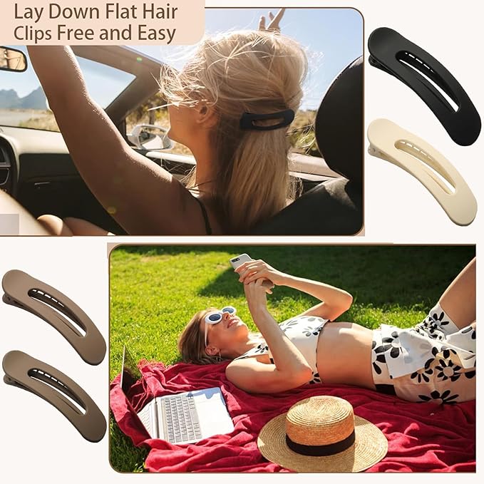 4 PCS Flat Claw Clips, Large Lay Flat Hair Clips for Women Girls, Strong Hold Non-slip Hair Claws for Thick Thin Hair (Matte 3)