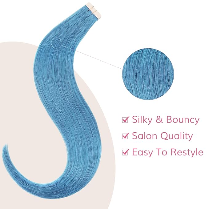 WENNALIFE Tape in Hair Extensions Human Hair SkyBlue Tape in Extensions, 10pcs 25g 16 inch Remy Invisible Tape Ins Straight Colored Soft Real Human Hair Tape in Extensions Refill Set Extensions