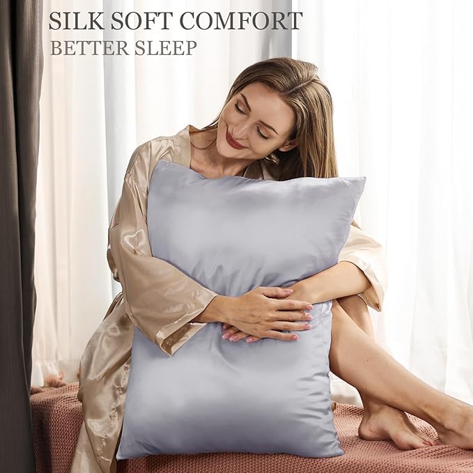 Adubor Silk Pillowcase 2 Pack for Hair and Skin with Hidden Zipper, Both Sides 23 Momme Silk Pillow Case (Silver Gray, Queen: 20''X30'')