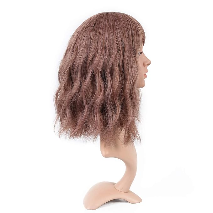 FAELBATY Brown Wig With Bangs Synthetic Cosplay Bob Wig loose wave Wig for women Costume Wigs (12" Dark Purple Color)