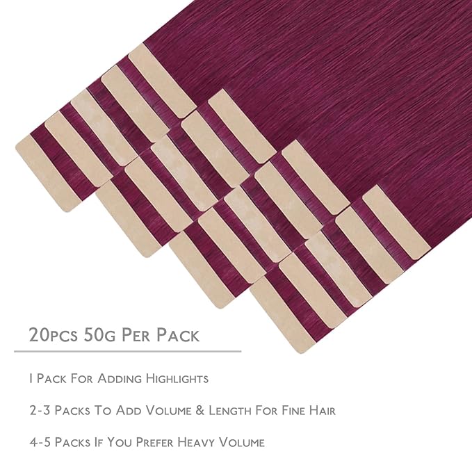 WENNALIFE Tape in Hair Extensions Human Hair, 20pcs 40g 12 inch Light Burgundy Remy Hair Extensions Straight Human Hair Tape in Extensions Skin Weft Tape Extensions Human Hair