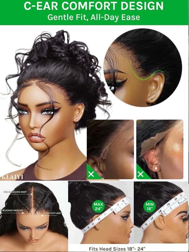 KLAIYI Water Wave Pre Cut 360 Full Lace Frontal Glueless Wig Human Hair Drawstring Pre Plucked Bleached Bye Bye Knots Pre Everything Ready to Wear And Go Curly Beginner Wig with Baby Hair 180% 26Inch