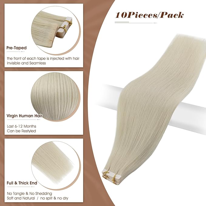 Full Shine Seamless Injected Tape in Hair Extensions 24 Inch Invisible Machine Remy Tape in Virgin Hair Extensions Color Blonde for Wedding Add Length 25G 10Pcs