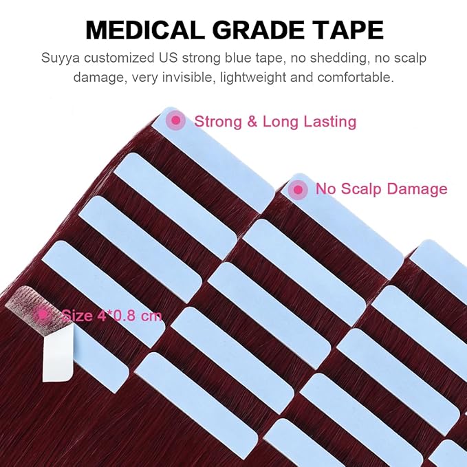 SUYYA Tape in Hair Extensions Burgundy 100% Real Remy Human Hair 16 inches 20pcs 40g/pack Straight Seamless Skin Weft Tape Human Hair Extensions(16 inches #Burgundy)