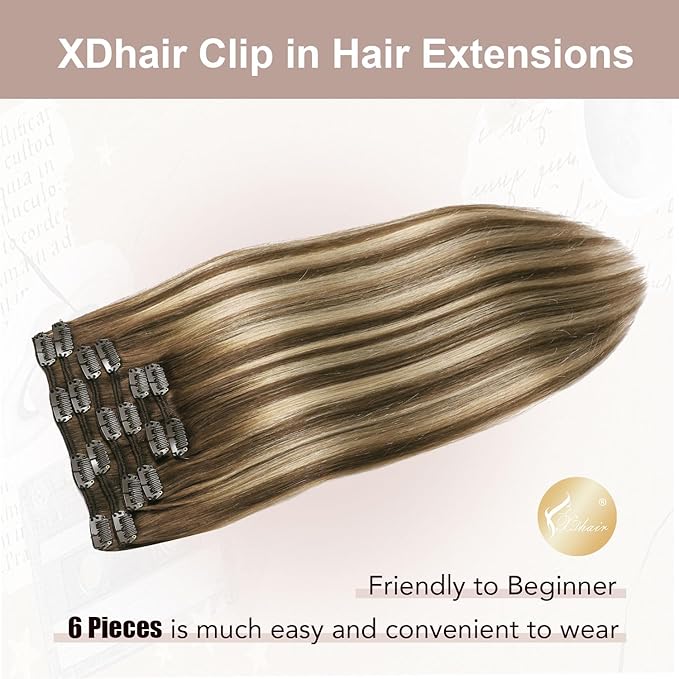 XDhair Clip in Hair Extensions 120g 22 Inch Chocolate Brown to Caramel Blonde Real Human Hair Extensions Balayage Clip in Hair Extensions Double Weft 6pcs (22inch, #4/27/4)