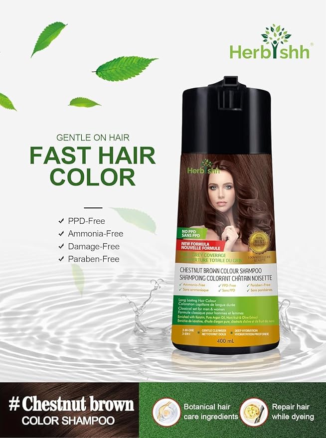 Herbishh Chestnut Brown 3 in 1 Hair Dye Shampoo 400 ML PPD Free + Hair Color Stain Protector – Dye Shield or Defender for Skin