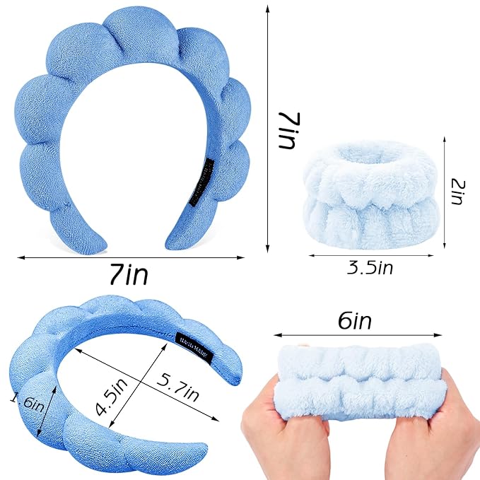 Zkptops 6Pcs Spa Headband for Washing Face Wristbands Set Women Bubble Skincare Makeup Sponge Terry Cloth Padded Puffy Headband Bow Tie Hairband Cute Non Slip Thick Hair Accessory Gifts(Dark Blue)