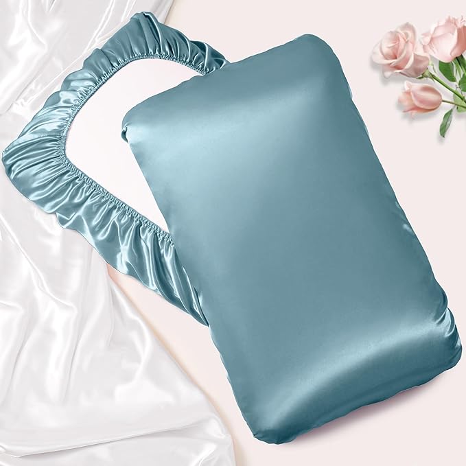 Manyshofu Satin Pillowcases for Hair Protection - 1Pcs Blue Pillow Cases, Elastic Band Standard & Queen Satin Pillowcases Luxury Silky Pillow Cases Travel Pillow Covers