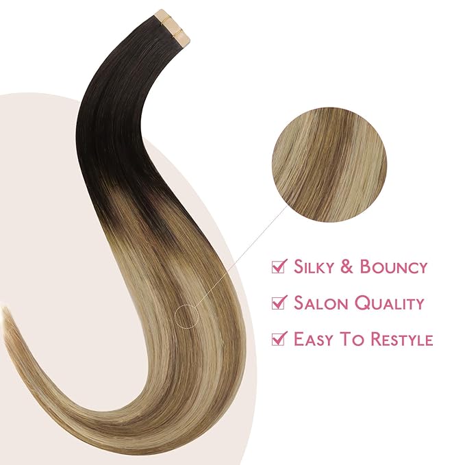 WENNALIFE Tape in Hair Extensions Human Hair Dark Brown to Chestnut Brown and Dirty Blonde Highlighted Tape in Extensions, 10pcs 30g 20 inch Remy Invisible Tape Ins Straight Colored Soft Refill Set