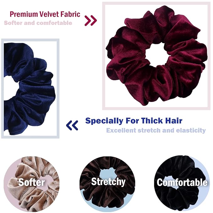 IVARYSS Extra Large Scrunchies for Women's Thick Hair, Premium Velvet Soft Jumbo Scrunchy, XL 6 inch Big Elastic Band Hair Accessories, 4 Pack, Dark