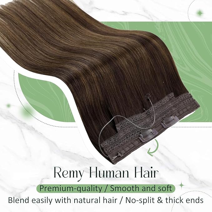 RUNATURE Wire Human Hair Extensions Balayage, Invisible Hair Extensions with Fish Line, Double Weft One Piece Clip in Real Hair, Full Ends Natural Hair, Easy to Apply, 16 Inch 80g #2/2/6