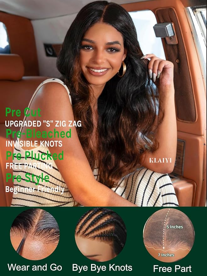 KLAIYI Ombre Brown Body Wave Bye Bye Knots Glueless Wig Pre Cut 7x5 HD Lace Front Wigs Human Hair Chestnut Brown Loose Wave Pre Plucked Bleached Wear and Go Wig with Dark Roots 30S Ready to Go 16Inch