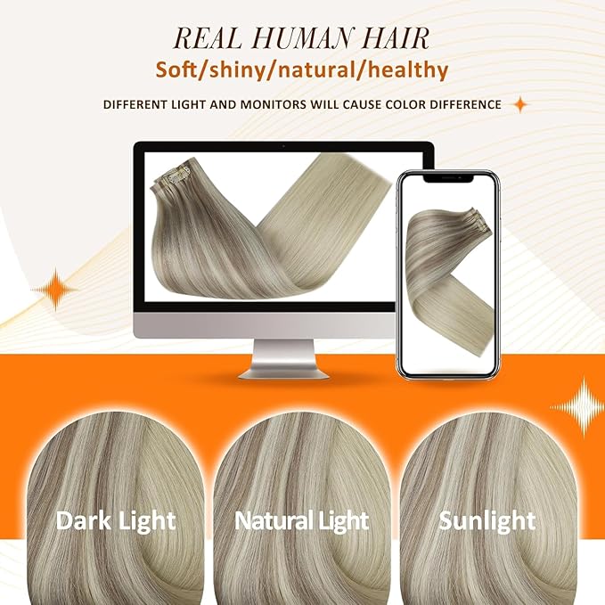 Full Shine Human Hair Clip in Extensions Blonde Clip in Hair Extensions Mix Ash Blonde 20 Inch Invisible Hair Extension PU Weft for Women Full Head 8 PCS 120 G