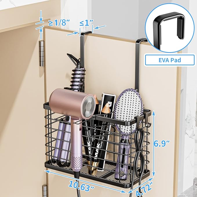 OVICAR Hair Dryer Holder - 3-in-1 Hair Tool Organizer Blow Dryer Holder Adjustable Height Wall Mounted/Cabinet Door Bathroom Organizer Storage for Hair Dryer, Flat Irons, Curling Wands, Straighteners