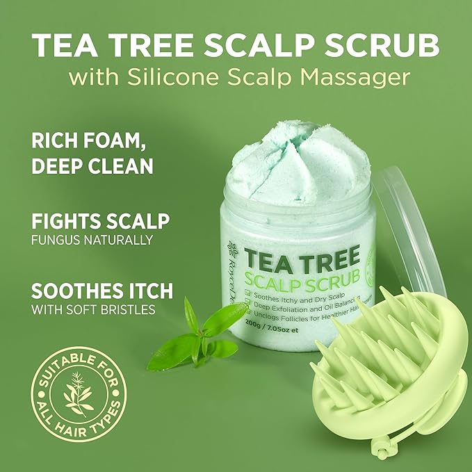 Roycederm Tea Tree Scalp Scrub with Scalp Massager Brush – Deep Cleansing & Exfoliating Pre-Shampoo Treatment for Dry, Flaky Scalp – Gently Refreshes, Hydrates & Balances Scalp