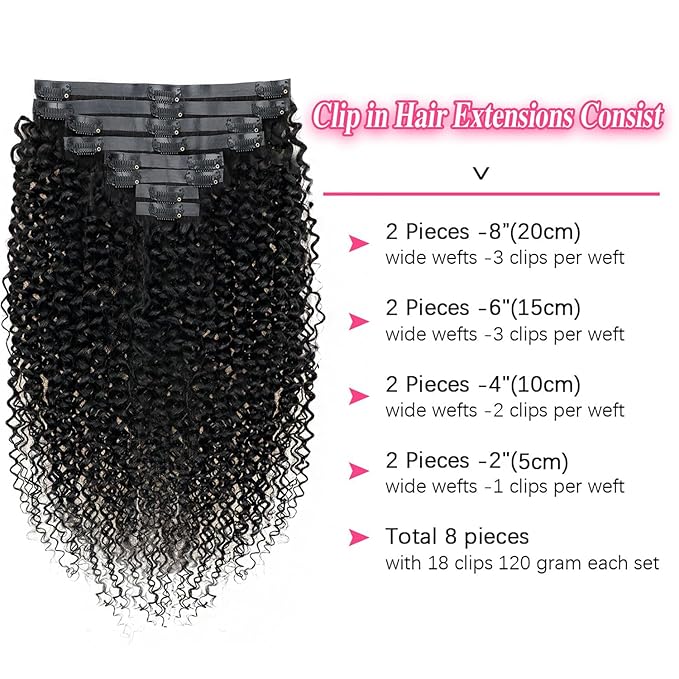 26 Inch Seamless Kinky Curly Clip Ins for Women 3c 4a Kinky Curly Clip in Extension Human Hair Brazilian Remy Human Hair Extensions Natural Color Clip ins 8 Pcs with 18 Clips 120g/Set