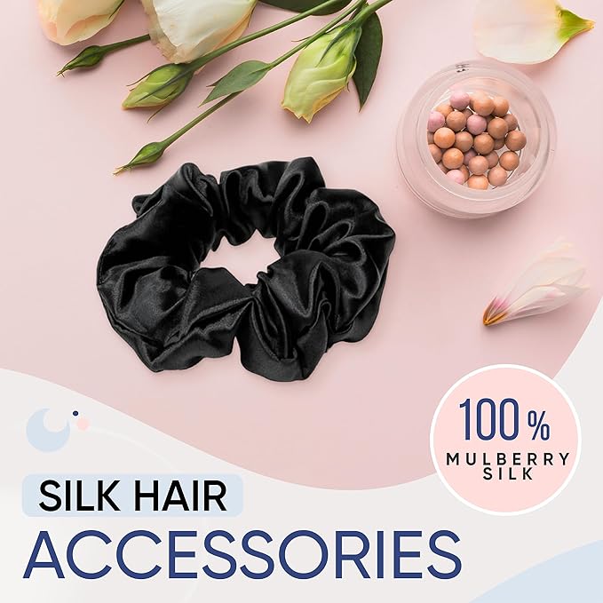Blissy Silk Scrunchies (3 Pack) - 100% Pure Mulberry Silk - 22 Momme 6A High-Grade Fibers Scrunchie for Straight & Curly Hair - Preventing Breakage, Tangling, & Creasing (Black Regular)