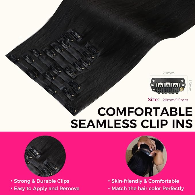 Lashey Seamless Clip in Hair Extensions Human Hair 130g 18 Inch 9pcs #1 Jet Black Light Yaki Straight Full Pack Clip in Hair Extensions for Women