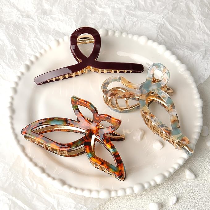 HAIMEIKANG 3 PCs Metal Acrylic Hair Bow Claw Clips - Strong Hold Non-Slip Large Gold Clips for Thick Hair