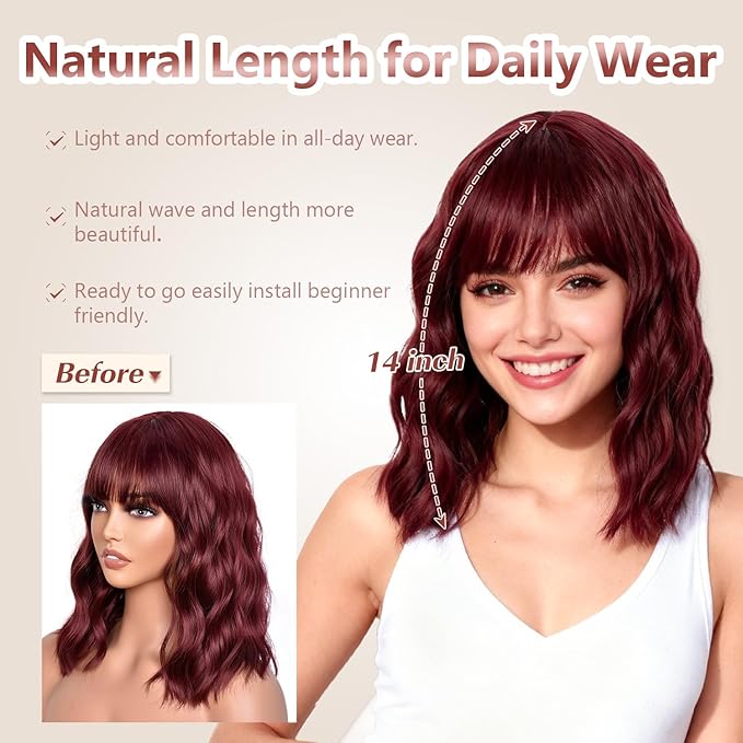 Wine Red Wig With Bangs Wave Bob Wigs for Women 14 Inch Short Loose Wavy Heat Resistant Synthetic Wig Shoulder Length Hair for Daily and Cospaly Party Use