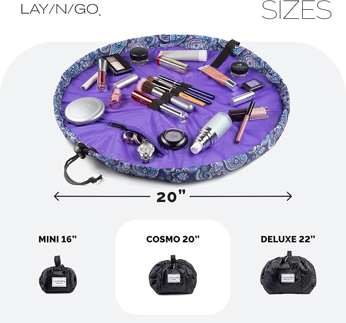 Lay-n-Go Cosmo Drawstring Cosmetic & Makeup Bag Organizer - Portable Drawstring Makeup Bag w/Zipper Pocket, Makeup Loops & More - Durable, Machine Washable Toiletry Bag (20", Purple Paisley)