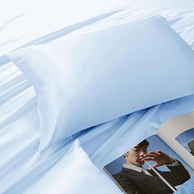 Light Blue King Size Satin Pillowcase Set of 2 with Envelope Closure,Light Blue Silk Pillowcase for Hair and Skin (20x36)