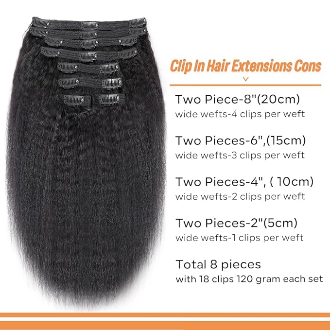 Kinky Straight Clip in Hair Extensions Real Human Hair 8Pcs Remy Human Hair Clip in Extensions for Women, Natural Human Hair 120g 24inch #1B Natural Black