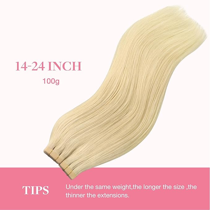 GOO GOO Tape in Hair Extensions Human Hair, 613R Bleach Blonde, 10inch 60g 40pcs, Skin Weft Seamless Invisible, Silky Straight with Thick Ends, Remy Human Hair