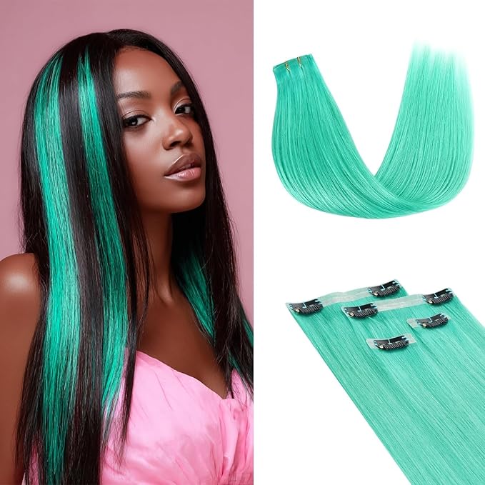 Lashey Green Hair Extensions Real Human Hair 58g 4pcs Straight Seamless Clip in Hair Extensions Human Hair for Black Girls 24 Inch Highlight Colored Clip ins