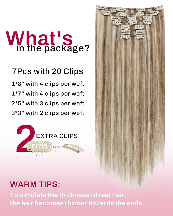 Moresoo Clip in Hair Extensions Remy Double Weft Human Hair Clip in Extensions Straight Hair Extensions for Women Light Brown Highlights with Blonde 7pcs 150g 22inch