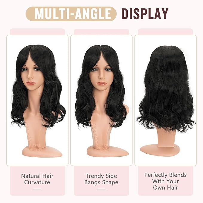 Hairro 18 Inch Long Hair Toppers Wavy with Side Bangs for Women, Clips In Synthetic Hairpieces Capless, for Adding Volume/Birthday/Party/Halloween/Cosplay Dress Up, Pure Black