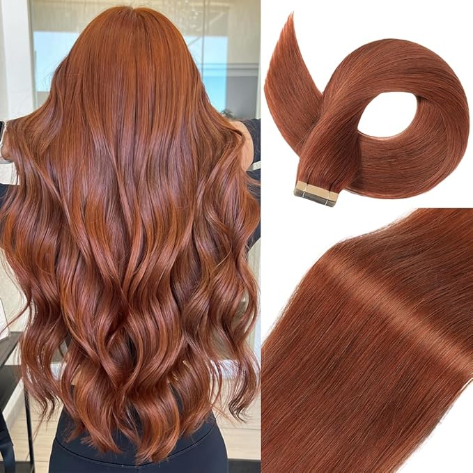 Tape in Hair Extensions Real Human Hair 24 Inch Auburn Brown Double Sided Tape for Skin Weft Hair Extension Invisible Tape in Hair Extensions Straight Remy Human Hair for Women 20pcs (#A33,24 Inch)