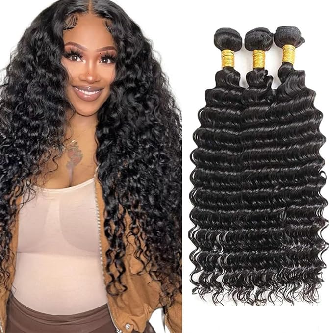 Bundles Human Hair Color 1B Deep Wave Bundles 22 24 26 Inch Niegmeag Peruvian Virgin Remy Hair Extensions Double Weft Soft and Silky Natural Black Deep Wave Bundle Hair Weave